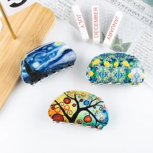 Artistic pastoral acetate hair claws with starry night and tree patterns, 8cm half-circle set