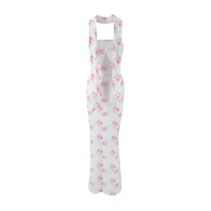Detailed back view of white floral dress featuring backless design and pink flower patterns