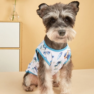 Breathable mesh pet summer vest with tropical vacation print on a schnauzer dog