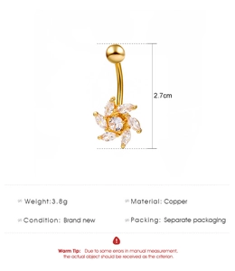 Detail view of flower belly ring with cubic zirconia petals and 2.7cm size dimension