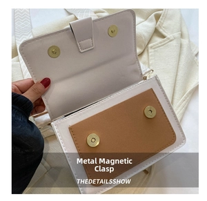Detail showing dual gold magnetic buckle hardware on a beige and brown crossbody bag