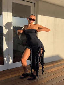 Women Sexy Strapless Ruched Midi Dress Ruffle High Split Slim Fit Polyester Elastane Party Vacation Clubwear Solid Color