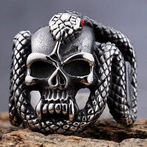 Skull Snake Ring Stainless Steel Punk Gothic Vintage Men Biker Jewelry Cobra Design With Red Eye Stones Polished