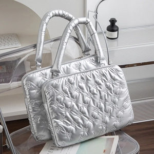 Silver Metallic PU Quilted Laptop Handbag Bowknot Pattern Shockproof Protective Inner Sleeve For Notebook Tablet
