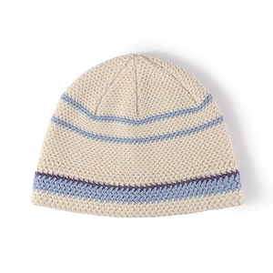 Winter striped knit beanie in cream with blue and purple accents for outdoor warmth