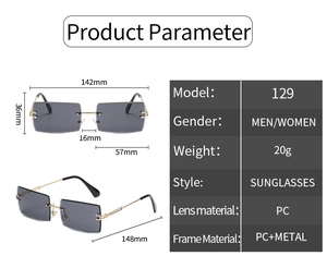 Detailed size chart for rimless square sunglasses with PC lenses and metal temples