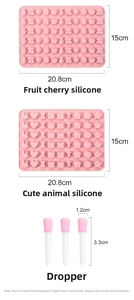 Pink silicone mold for gummy bears and fruit shapes with precise liquid droppers