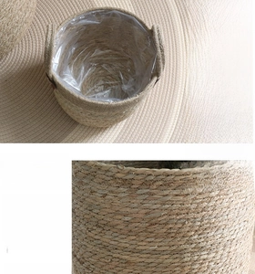 Macro detail of hand-woven seagrass planter basket featuring a waterproof plastic liner