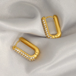 U-Shaped Hoop Earrings 18K Gold Plated Stainless Steel Geometric Rhinestone Inlaid Retro Elegant Fashion Women Jewelry