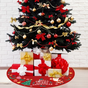 Classic red Christmas tree skirt with festive printing and gift boxes on white background