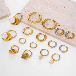 Selection of minimalist 18k gold plated stainless steel hoop earrings and pearl charms