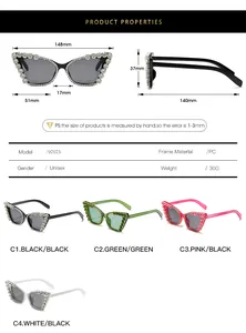 Size chart and specifications for cat eye sunglasses with rhinestone chain detail