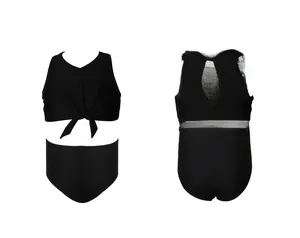 Front and back detail of black two-piece bikini for girls with front knot and cutout