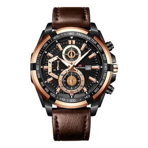 Men's chronograph sport watch with brown leather strap and rose gold steel case