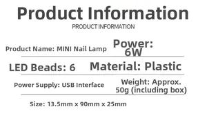Detailed specifications table for 6W mini UV LED nail lamp with USB port and six light beads