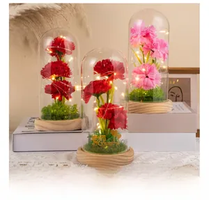 Close-up of carnation flowers in glass dome with LED lights and a wooden base