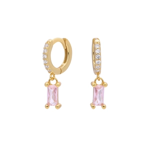 Macro detail of gold S925 silver earrings with pink rectangular gemstone and white zircons