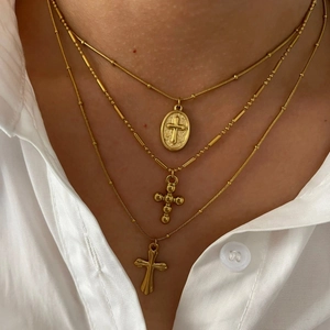 Three-layer gold stainless steel necklace set with vintage cross pendants for women