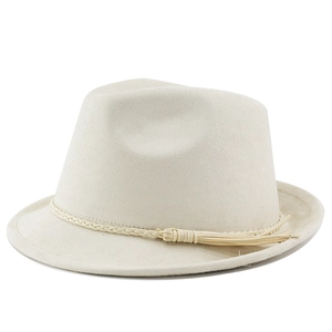 Classic beige faux suede fedora hat with a woven leather band and tassel detail