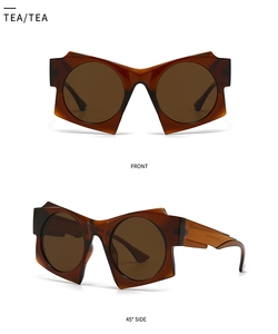Detailed front and side views of translucent tea-colored geometric sunglasses