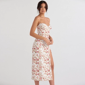 Floral midi dress featuring lace trim details and a stylish high side slit design