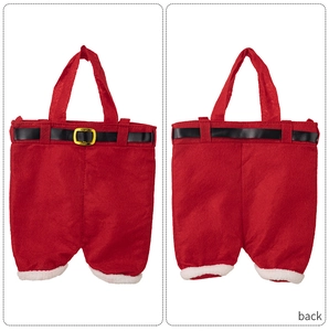 Front and back detail of Santa pants wine gift bag with black belt and golden buckle
