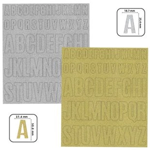 Detailed view of 1-inch glitter alphabet stickers in gold and silver showing exact dimensions