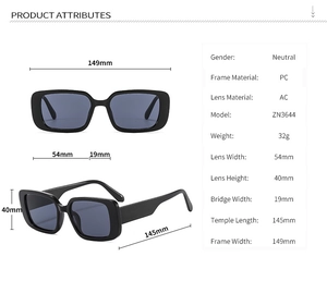 Detailed size specifications and dimensions for black square frame sunglasses