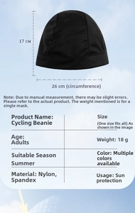 Detailed size guide for cycling cap showing 17cm height and 26cm circumference specs