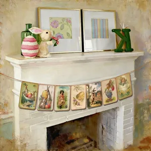 Vintage Easter party banner featuring retro bunny and egg illustrations on a rustic mantel