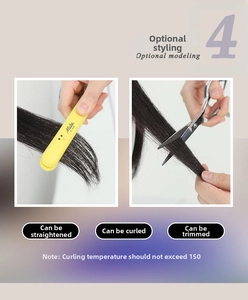 Detail showing hair styling options like straightening and trimming on black synthetic hair