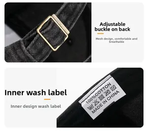 Détail de la boucle métallique réglable et de l'étiquette de lavage sur casquette en coton