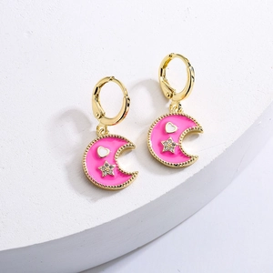 Gold-plated hoop earrings with pink enamel crescent moon, tiny star and heart charms