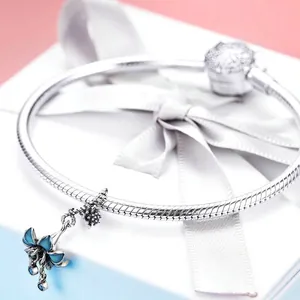 Blue enamel orchid charm on S925 sterling silver snake chain bracelet with barrel clasp
