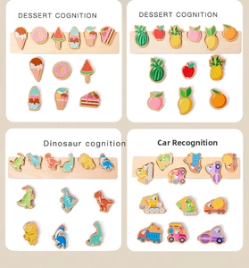 Detail of wooden puzzles for toddlers featuring dessert, fruit, dinosaur, and vehicle themes