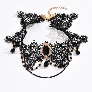 Gothic multilayer lace choker with black rhinestones and gold hanging chains for women