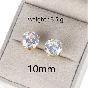 Classic gold-plated 10mm round zirconia stud earrings in a luxury grey velvet jewelry box