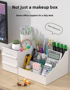 Detail of white desktop organizer with two drawers and multi-compartment storage space