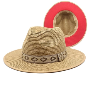 Vintage Ethnic Straw Fedora Hat Panama Style Wide Brim Woven Sun Protection Summer Beach Travel For Women Men Breathable