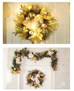 Detail of a lighted Christmas wreath with gold silk flowers and pine needles on a door