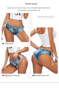 Dettagli degli shorts di denim blu sexy con lacci laterali e bordi sfrangiati curati