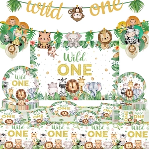 Décoration Fête Anniversaire Animaux Jungle Thème Wild Style Safari Vaisselle Arrière-plan Ballons Bannière Nappe Papier Plastique