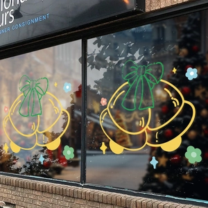 Christmas Window Cling Stickers Static PVC Yellow Bells Green Bow Double Sided Color Holiday Home Shop Decor