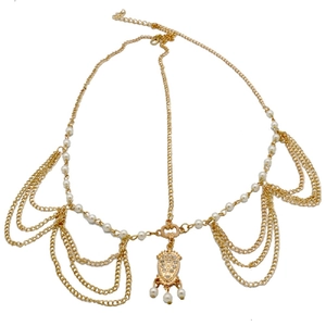 Elegant gold multi-layer pearl chain headpiece with rhinestone fringe pendant