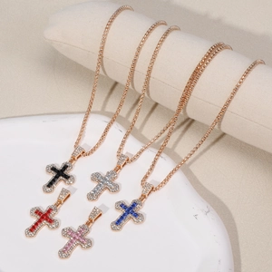 Set of five hip hop cross necklaces with zircon pendants in black, silver, red, pink, and blue