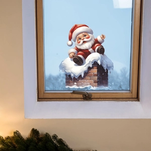 Close-up of Santa Claus on snowy chimney window sticker for festive holiday home decor