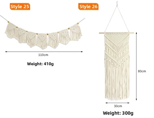 Detail view of macrame wall hanging featuring woven patterns, tassels, and wooden beads