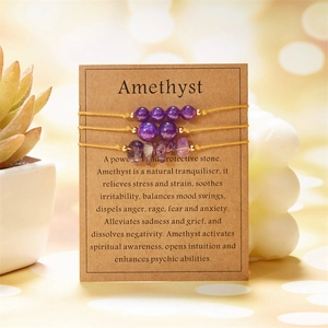 Detailed view of handmade Amethyst stone bracelet set with braided cord on card