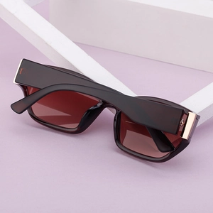 Detail of dark brown acetate sunglasses frame with metal accents on a modern display