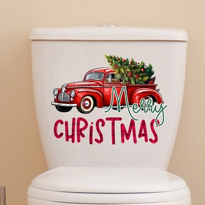 Detail of waterproof Christmas toilet sticker featuring a red truck carrying a tree